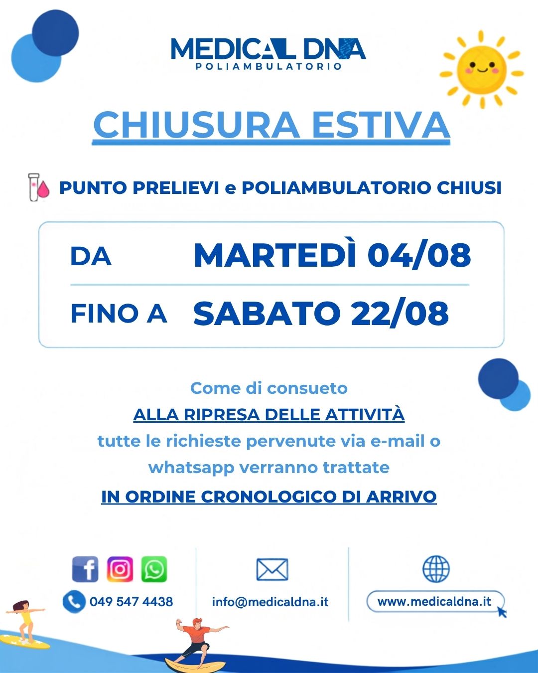 chiusura estiva ferie medicaldna 2026 agosto